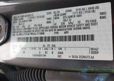 2024 Lincoln Corsair Premiere z USA, uszkodzony, nr VIN 5LMCJ1CA1RUL11388